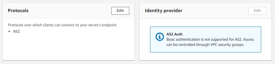 AS2 サーバーのサーバー詳細コンソールページには、プロトコルと ID プロバイダーセクションが表示されます。