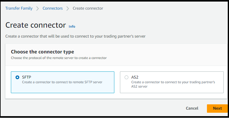 Transfer Family コンソールに [コネクタの作成] ページが表示され、コネクタの種類を選択します。[SFTP] が選択されます。