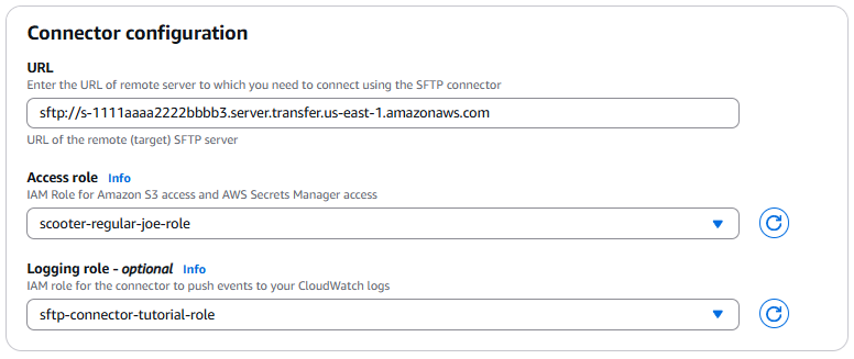 Transfer Family SFTP コネクタコンソール。コネクタの設定が表示されます。
