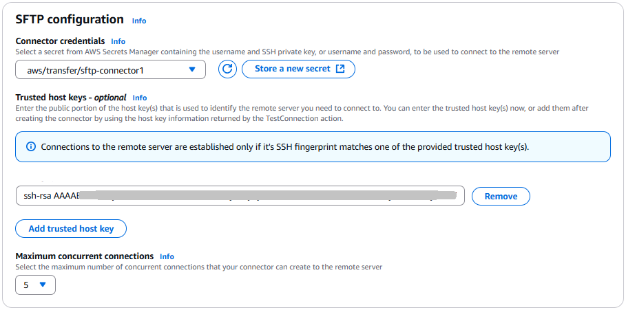 Transfer Family SFTP コネクタコンソール。SFTP 設定が表示されます。