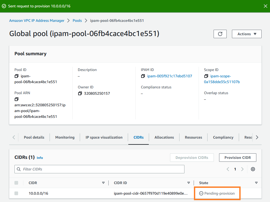 プールを作成すると、IPAM コンソールに「プロビジョニング保留中」を知らせるメッセージが表示されます。