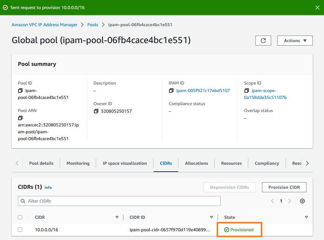 プールの作成後に IPAM コンソールに表示される [プロビジョニング済み] というメッセージです。