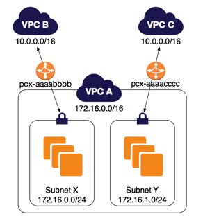 
                    2 つの VPC が 2 つのサブネットにピアリング接続
                