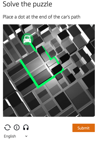 画面には「Solve the puzzle」(パズルを解いてください) というタイトルと「Place a dot at the end of the car's path」(車の進路の終点に点を置いてください) というテキストが表示されています。テキストの下には、車と車の進路が緑で囲まれた白黒の迷路のような画像が表示されます。画面の下部には、グリッドパズルと同じオプションと「送信」ボタンがあります。