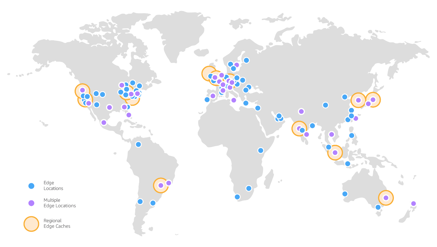 この図は、Amazon CloudFront のグローバルエッジネットワークを示しています