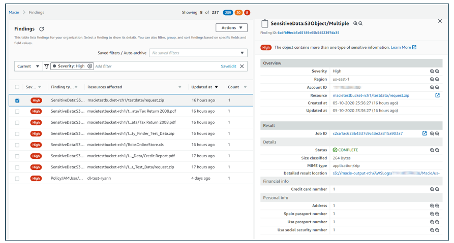 Macie findings dashboard showing sensitive data objects detected in various resources with high severity.