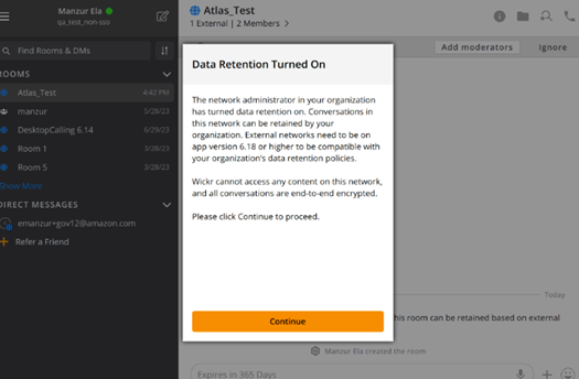 Wickr クライアントのデータ保持プロンプト。