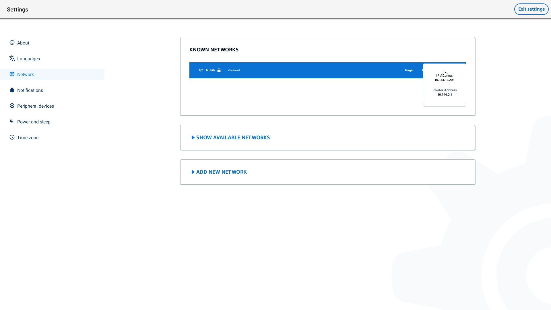 Network settings page showing a connected mobile network with IP and router addresses.