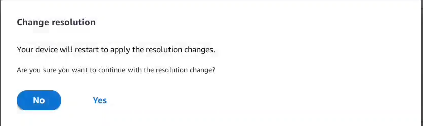 Dialog box prompting user to confirm or cancel a resolution change with restart.