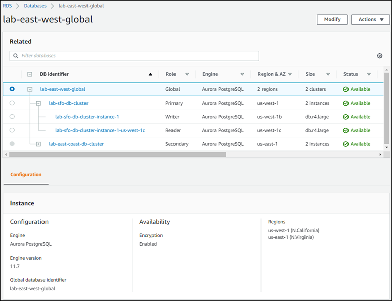 
      AWS Management Console에서 선택한 Aurora Global Database 및 연결된 구성 설정을 보여주는 스크린샷.
    