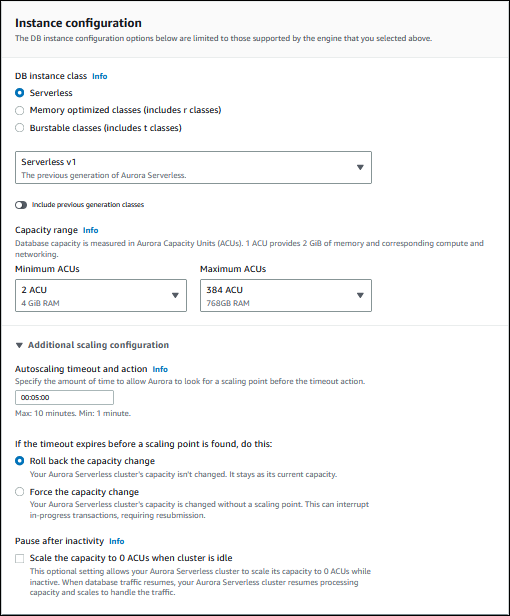 콘솔을 사용하여 Aurora PostgreSQL Serverless v1 DB 클러스터의 용량 설정