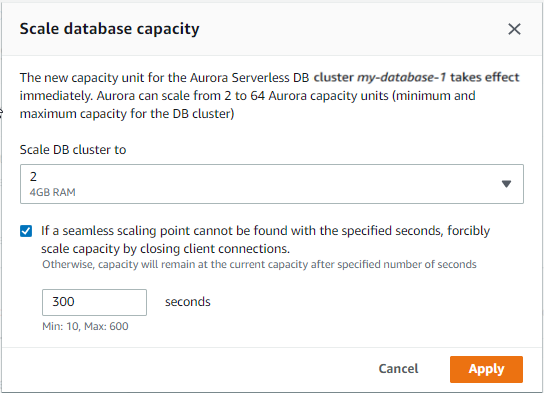 
                    콘솔을 사용하여 Aurora Serverless v1 DB 클러스터의 용량 설정
                  