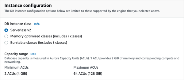 리더 추가 인터페이스에 표시되는 Aurora Serverless v2의 용량 설정