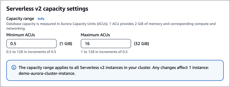 Aurora Serverless v2 용량 설정의 사용자 인터페이스