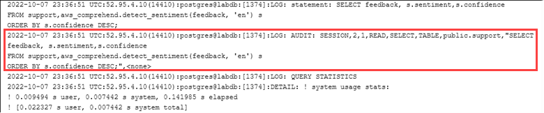 pgAudit를 설정한 후의 PostgreSQL 로그 파일 이미지.