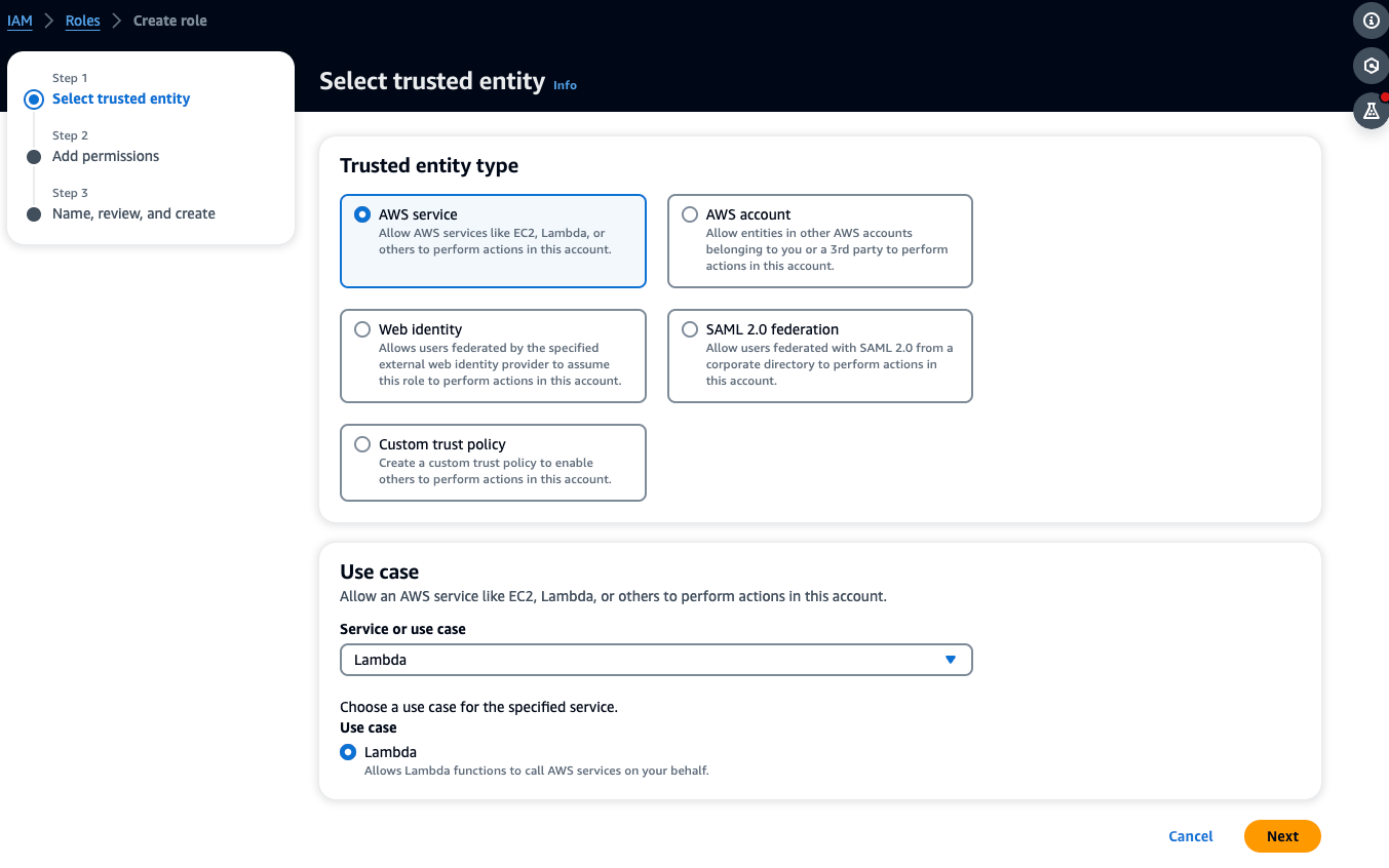 IAM role creation interface showing trusted entity selection with AWS 서비스 option chosen.