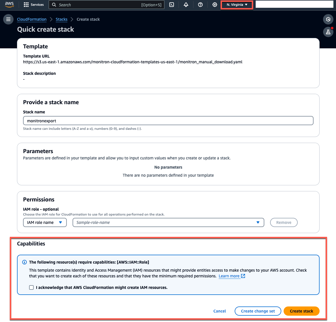 AWS CloudFormation stack creation interface with template URL, stack name field, and IAM role selection. (AI generated)