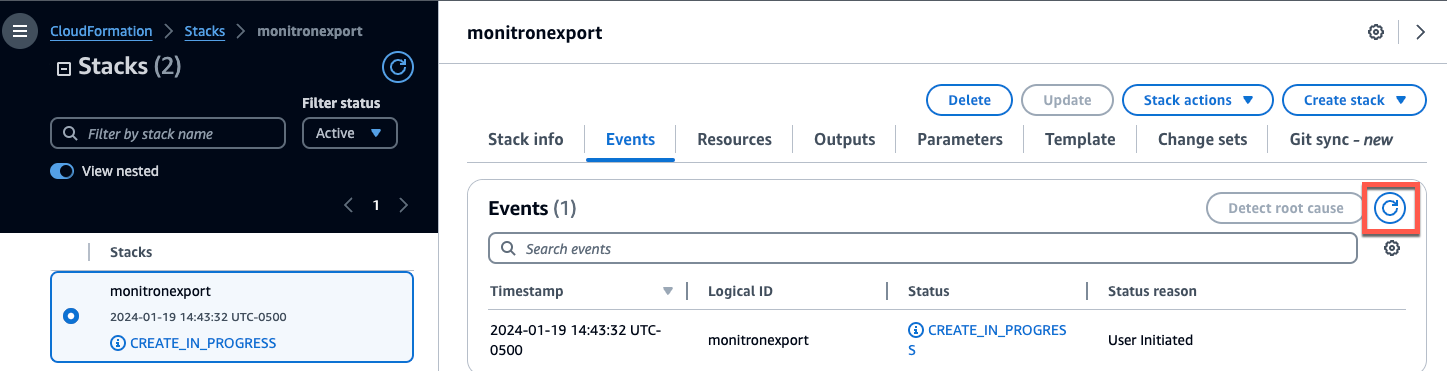 CloudFormation stack monitronexport status showing CREATE_IN_PROGRESS. (AI generated)