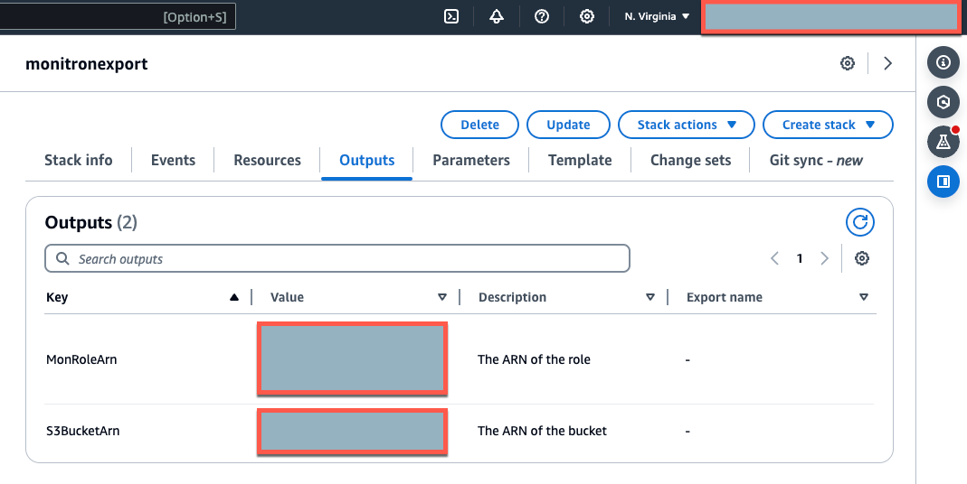 Stack outputs showing ARN values for a role and bucket. (AI generated)