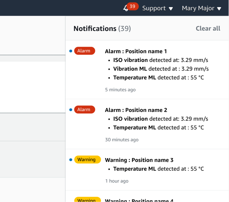 Notification panel showing alarms and warnings for positions with detected vibration and temperature issues. (AI generated)