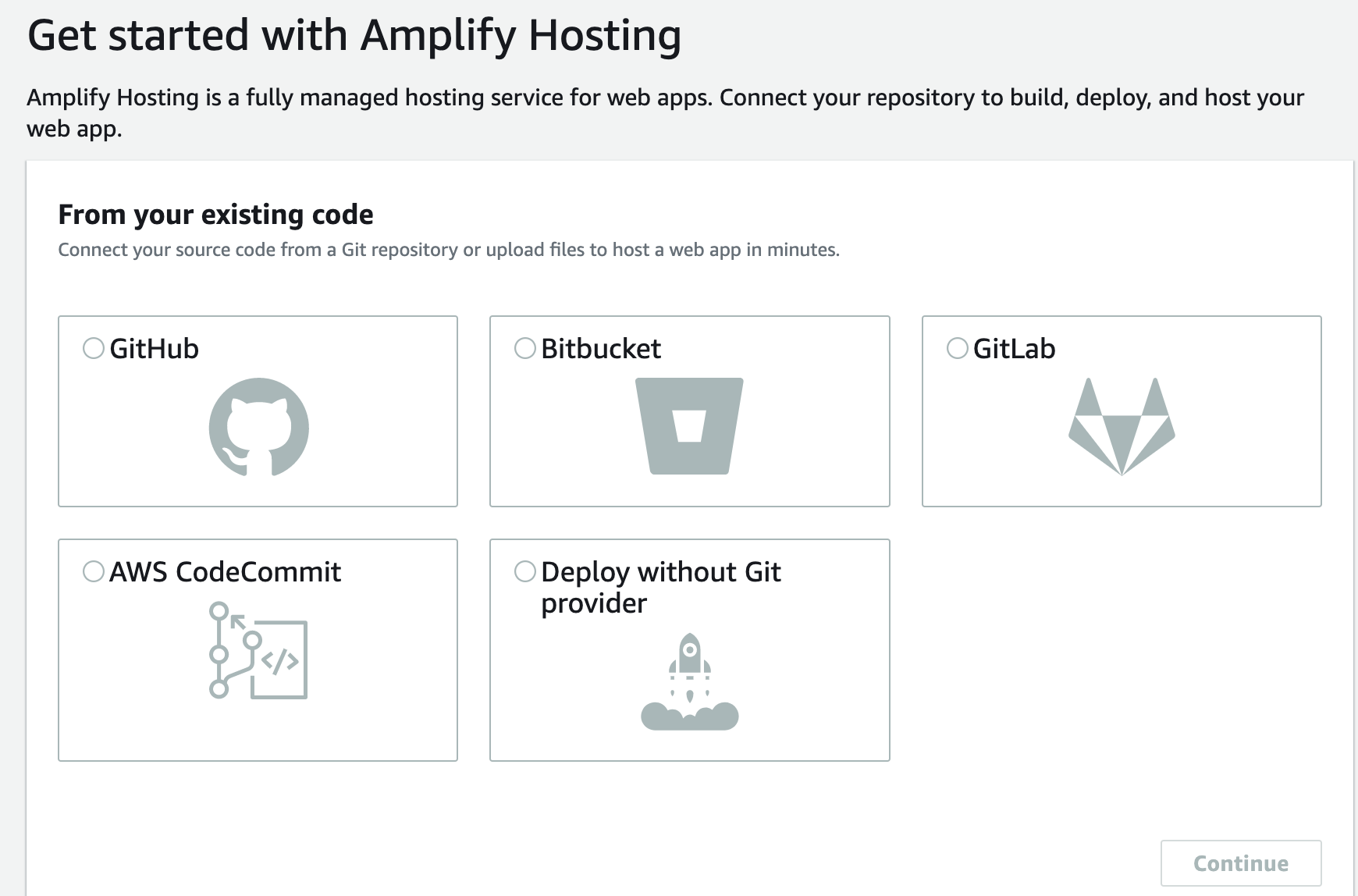 
            Amplify 콘솔의 Amplify Hosting 시작하기 페이지 스크린샷입니다.
         