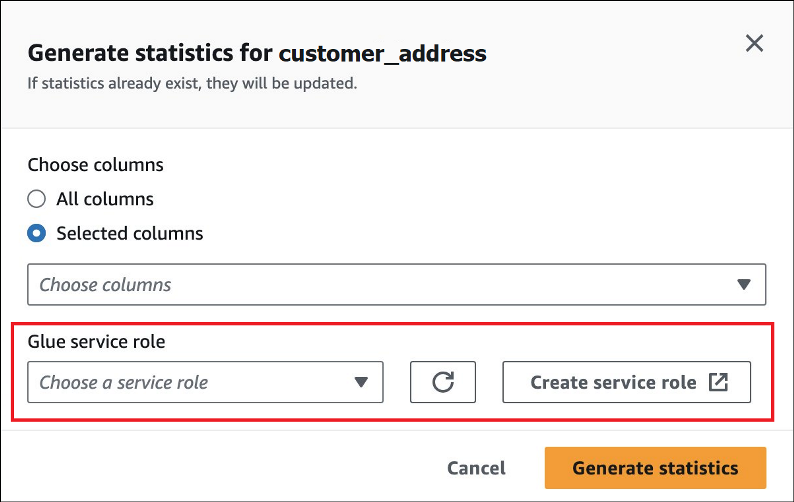 AWS Glue 서비스 역할을 선택합니다.