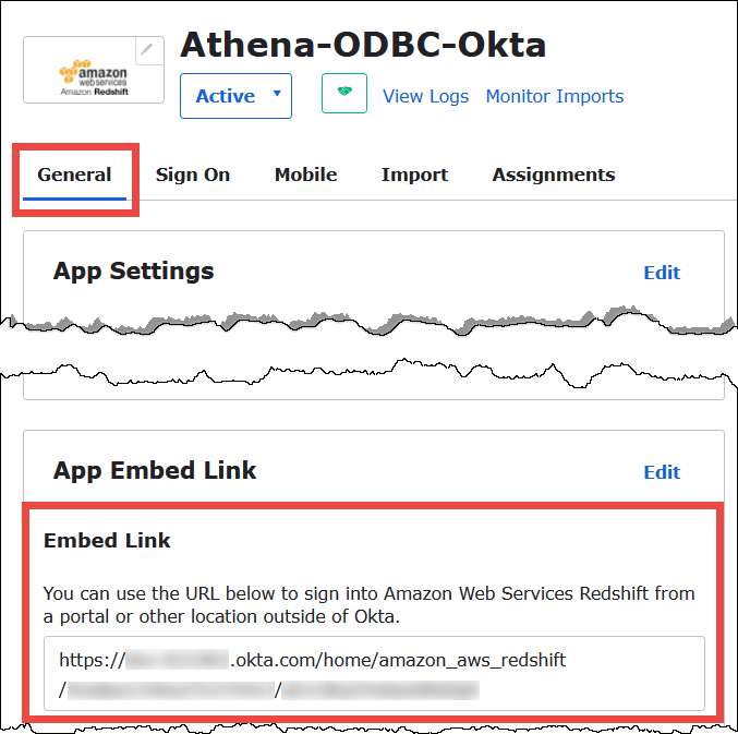 Okta 애플리케이션의 포함 링크 URL입니다.