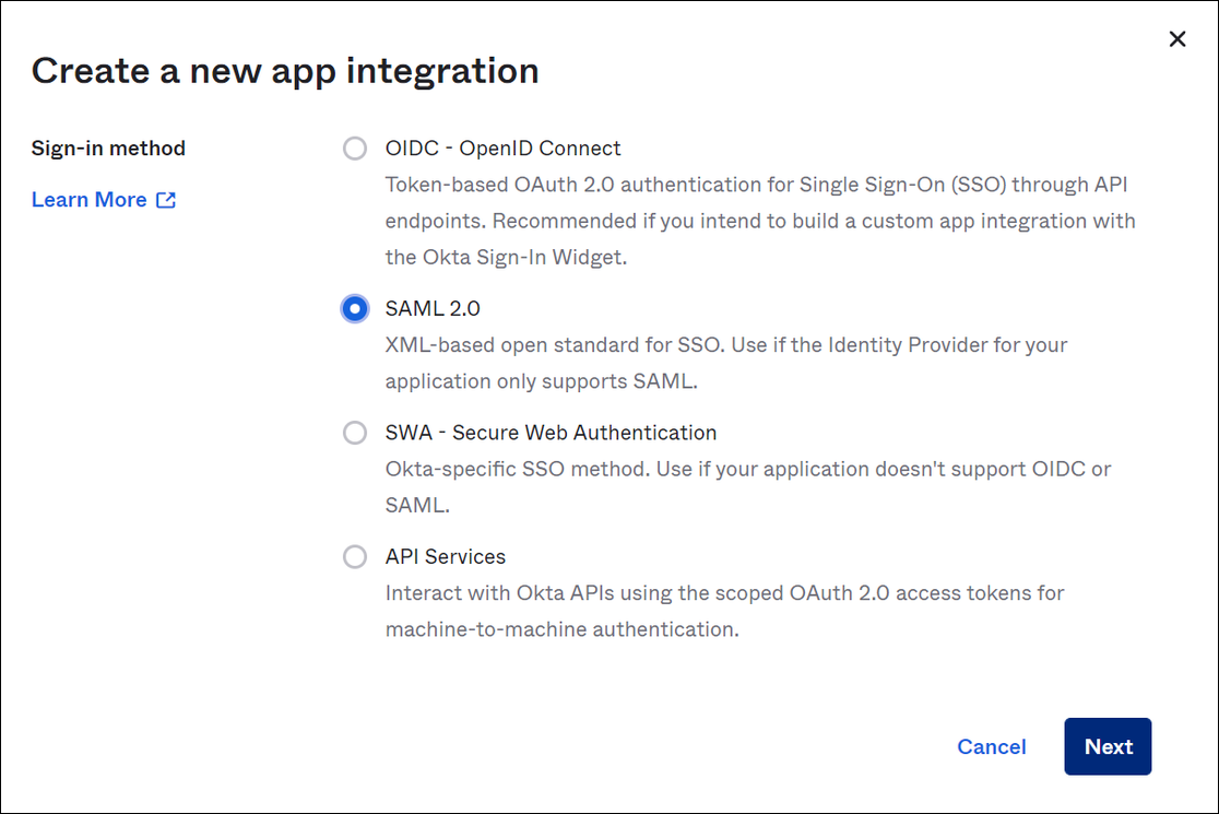 SAML 2.0을 선택합니다.