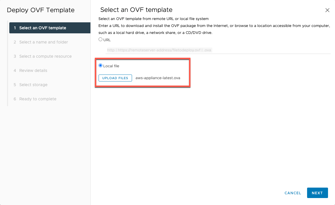 OVF 템플릿 선택 패널의 로컬 파일 옵션.