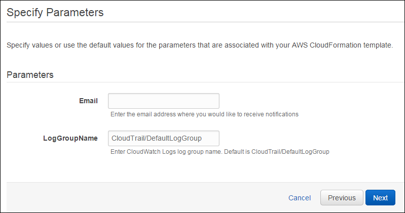 
                        AWS CloudFormation 스택에 대한 이메일 주소와 로그 그룹 이름을 지정합니다.
                    