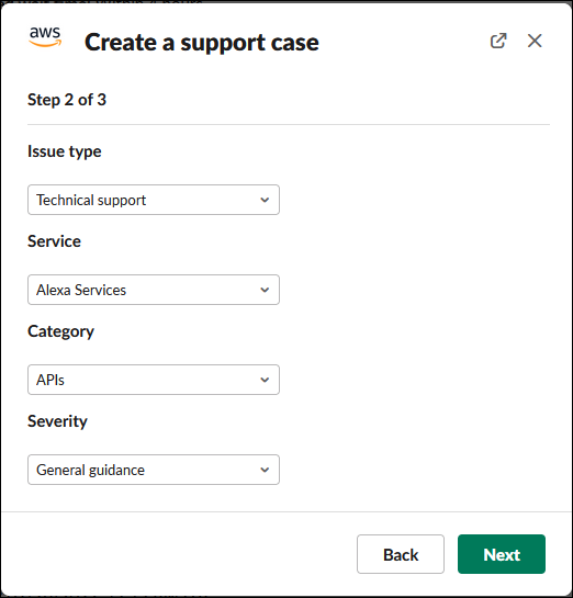AWS Support 앱에서 지원 사례를 생성하는 방법을 보여주는 예시입니다.