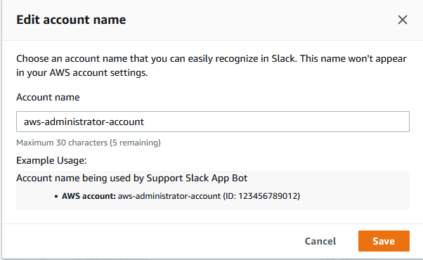 계정 이름이 Slack의 AWS Support 앱에 표시되도록 계정 이름을 편집하는 방법을 보여주는 스크린샷입니다.