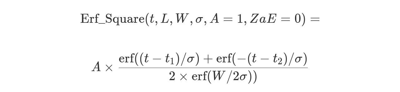 파라미터가 t, 길이, 너비, 시그마, A=1, ZaE=0인 Erf Square 분포에 대한 수학 방정식입니다.