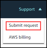 요청 제출 및 AWS Billing 명령을 보여주는 지원 메뉴입니다.