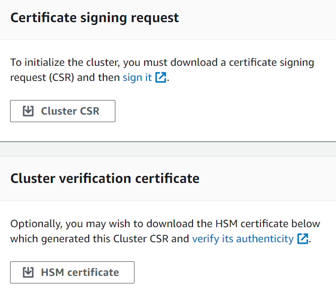 
             AWS CloudHSM 콘솔의 인증서 서명 요청 다운로드 페이지
          