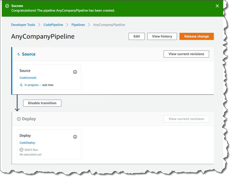 콘솔에서 실행을 시작하는 파이프라인의 모습. CodePipeline