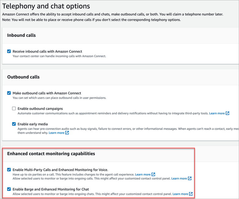 
                    텔레포니 및 채팅 옵션 페이지, 향상된 연락 모니터링 기능 섹션.
                