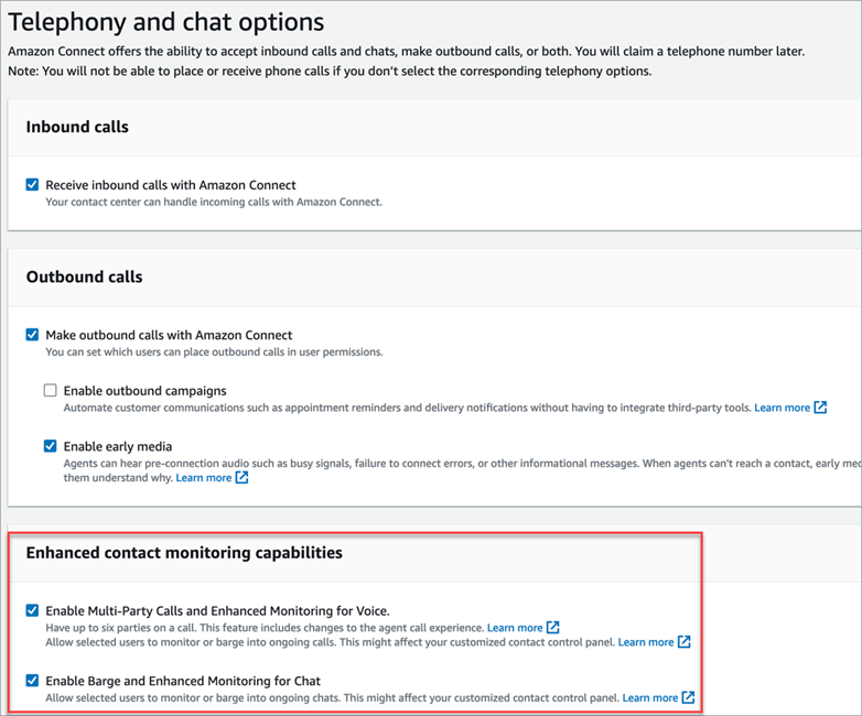 텔레포니 및 채팅 옵션 페이지, 향상된 연락 모니터링 기능 섹션.
