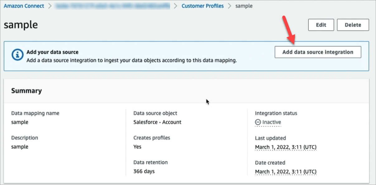 샘플 데이터 매핑 세부 정보 및 통합 상태를 보여주는 Amazon Connect Customer Profiles 인터페이스입니다.