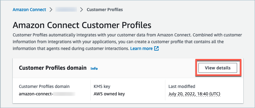 Amazon Connect Customer Profiles 도메인 삭제 페이지, 도메인 세부 정보 보기 버튼.