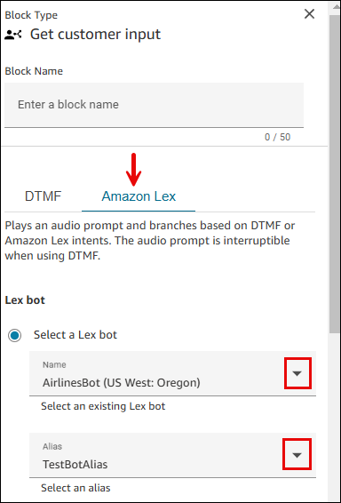 고객 입력 가져오기 블록 속성, Amazon Lex 탭.