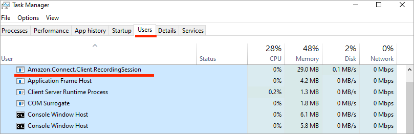 Windows Task Manager, Amazon.Connect.Client.RecordingSession 프로세스입니다.