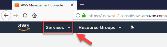 AWS Management Console, 서비스 드롭다운 메뉴.