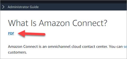 
            Amazon Connect 설명서에 있는 페이지, 페이지 제목 아래에 있는 PDF 링크.
        