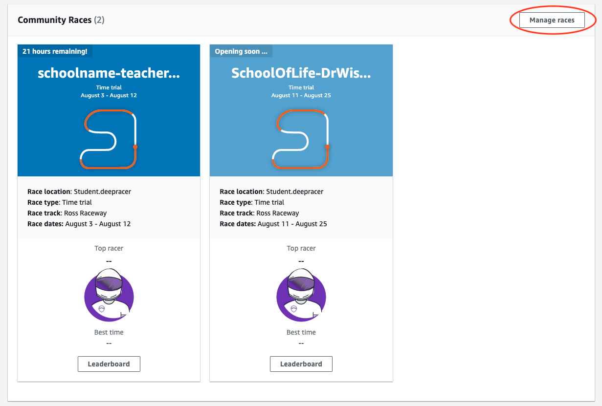 
                        AWS DeepRacer Student 커뮤니티 레이스를 관리합니다.
                    