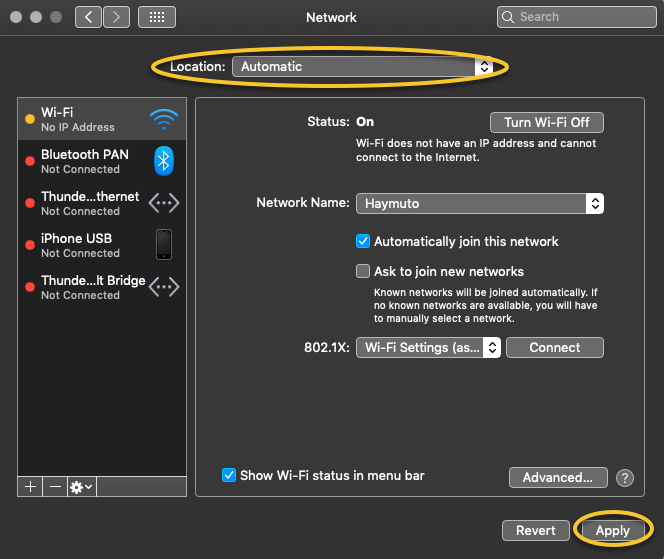 
                        이미지: MacOS 네트워크 기본 설정에 자동 위치를 선택합니다.
                    