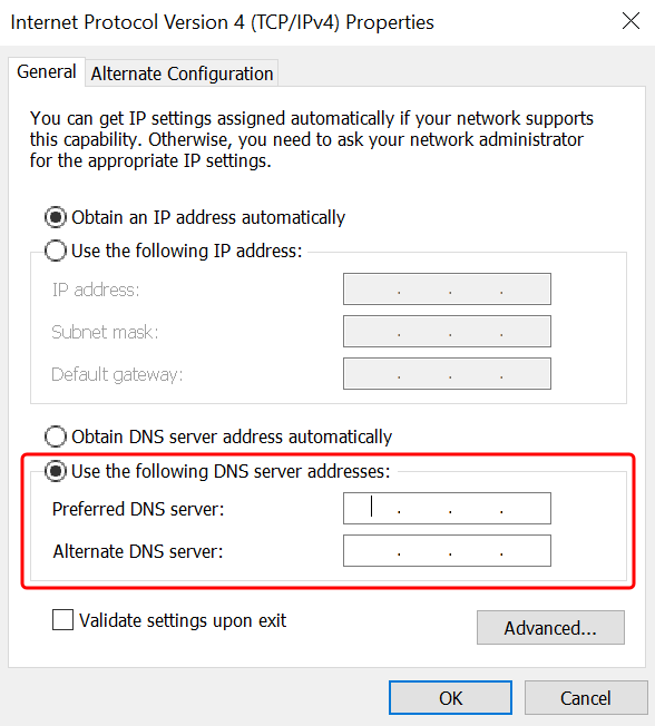 
            기본 DNS 서버 및 대체 DNS 서버 필드가 강조 표시된 상태로 인터넷 프로토콜 버전 4 (TCP/IPv4) 속성 대화 상자가 나타납니다.
          