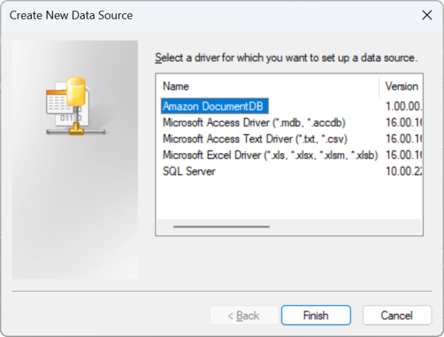 Amazon DocumentDB 드라이버 옵션이 선택된 새 데이터 소스 생성 인터페이스입니다.