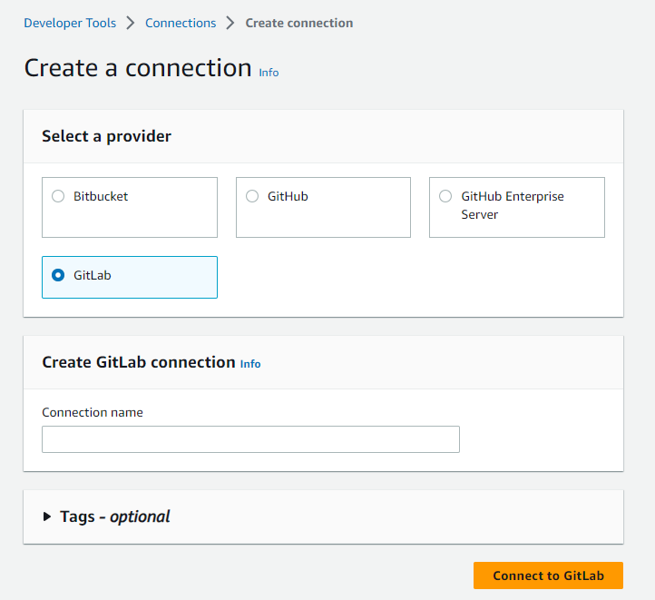 에 대해 선택한 연결 옵션을 보여 주는 콘솔 스크린샷 GitLab.