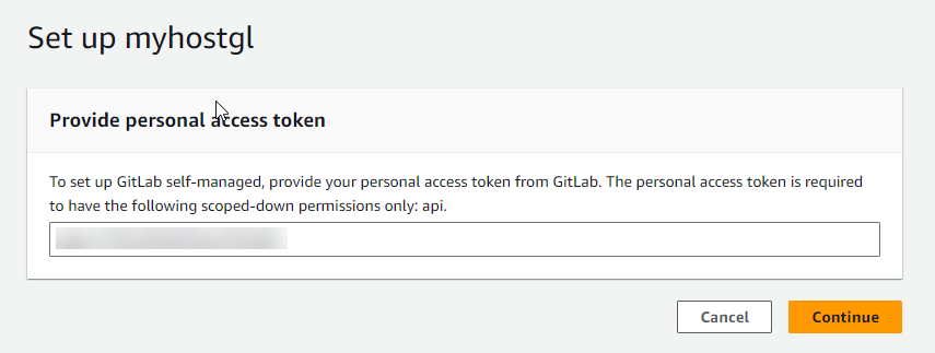 새 호스트의 GitLab 개인 액세스 토큰 입력을 보여주는 콘솔 스크린샷